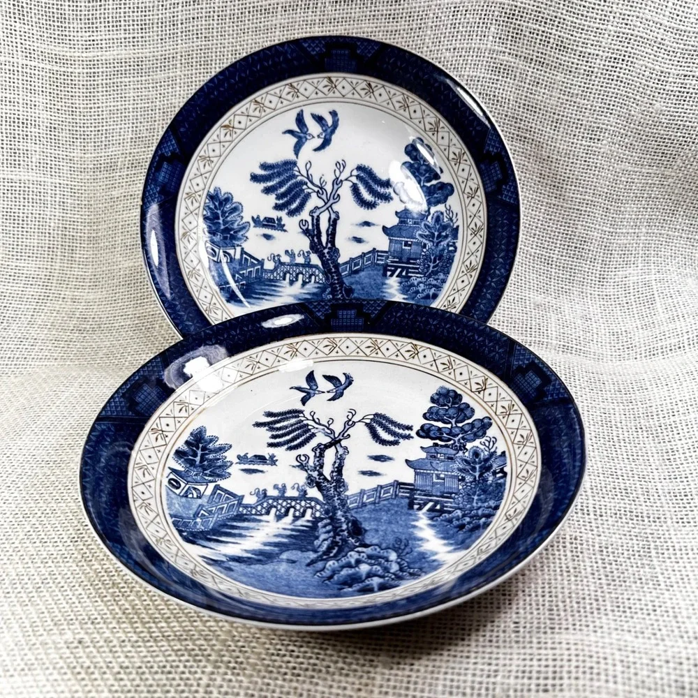 Vintage Occupied Japan Ironstone Blue Willow Rim Soup Bowl Pair 7.5in Blue White